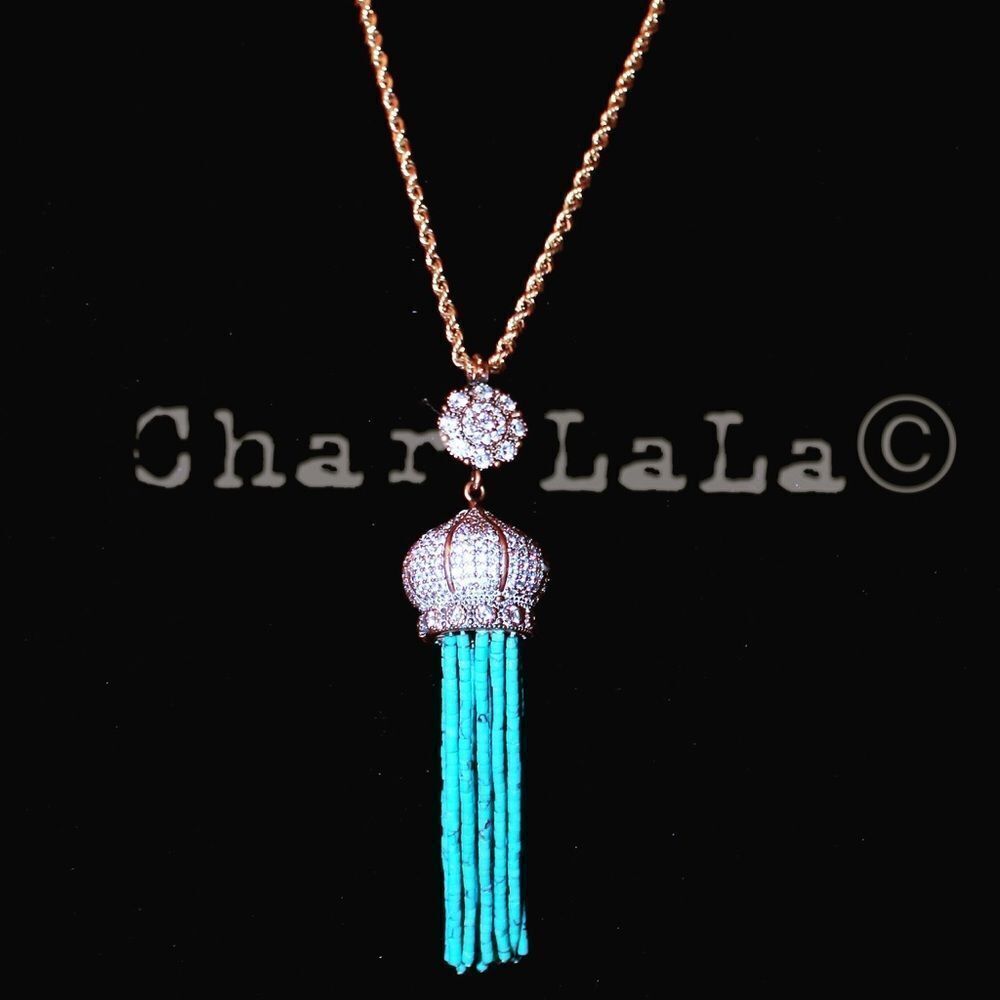 Pave Crystal Dome & Turquoise Tassel Necklace